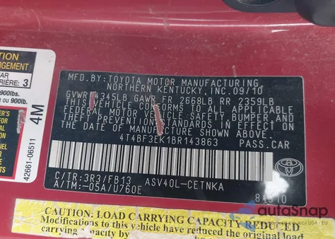 2011 Toyota Camry Le from USA, damaged, VIN 4T4BF3EK1BR143863